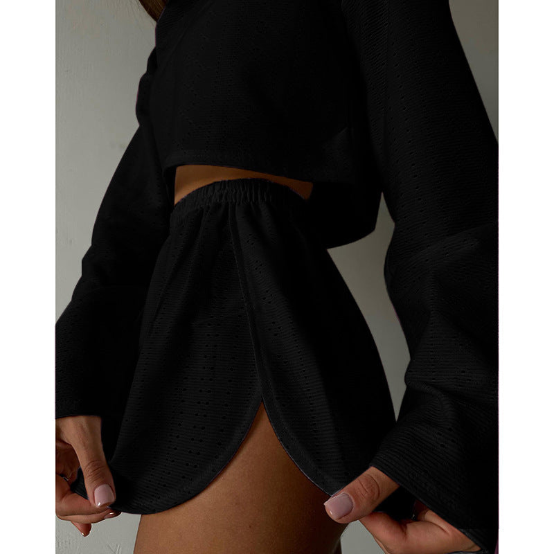 Hollow Long-sleeved Suit With Loose Round-neck Tops And Elastic Split Shorts Fashion Women's Clothing