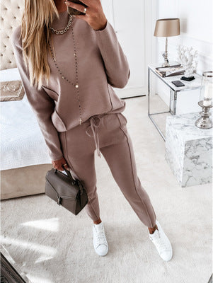 High neck long sleeve pocket trousers casual two-piece suit