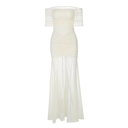 Women's Off-shoulder Pleated Mesh Stitching Dress