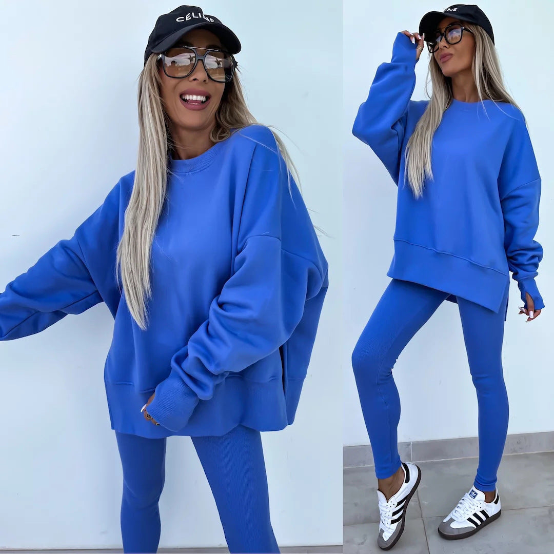 Sweater Suit Women's Casual Loose Long Sleeve Crew Neck Split Top Tight Trousers