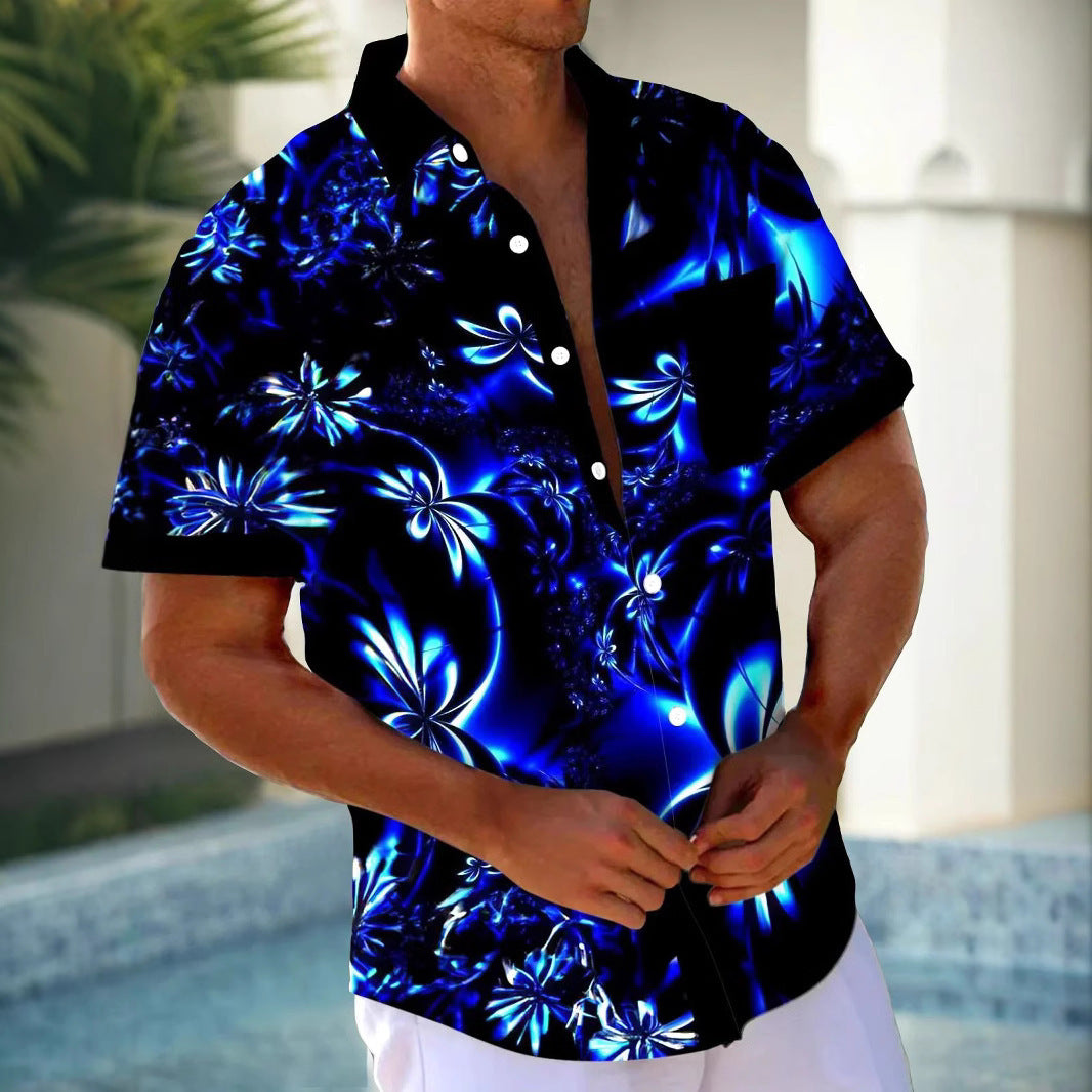 Printed Loose Men's Cardigan Summer Short Sleeve Shirt