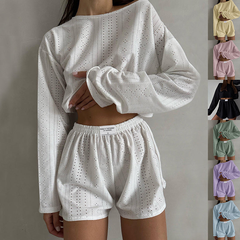 Hollow Long-sleeved Suit With Loose Round-neck Tops And Elastic Split Shorts Fashion Women's Clothing