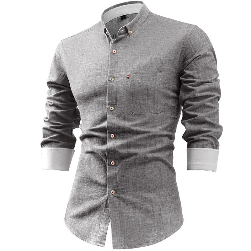 Foreign Trade Cotton And Linen Men's Shirt Solid Color Buckle