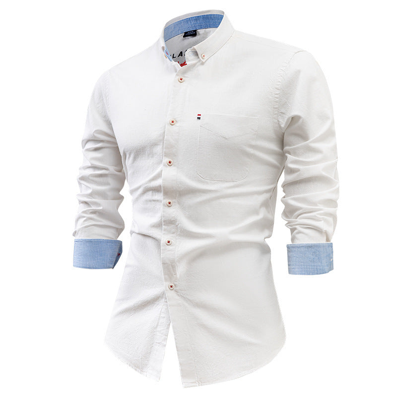 Foreign Trade Cotton And Linen Men's Shirt Solid Color Buckle