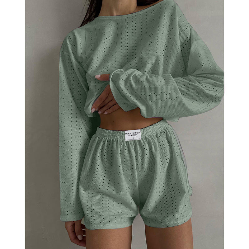 Hollow Long-sleeved Suit With Loose Round-neck Tops And Elastic Split Shorts Fashion Women's Clothing