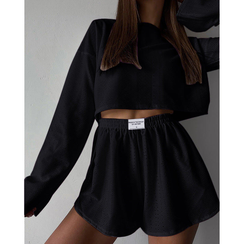 Hollow Long-sleeved Suit With Loose Round-neck Tops And Elastic Split Shorts Fashion Women's Clothing