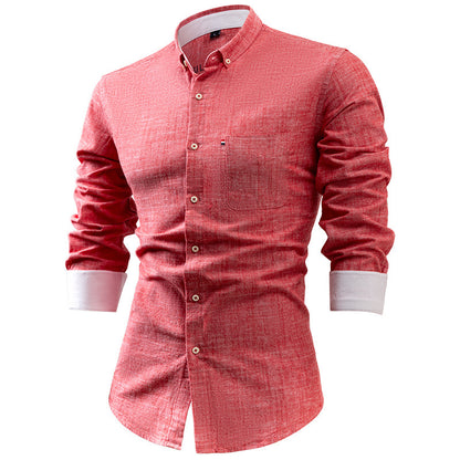 Foreign Trade Cotton And Linen Men's Shirt Solid Color Buckle