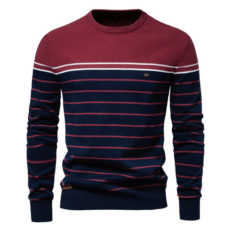 Striped Color Matching Long Sleeve Men's Knitwear Fashion Round Neck