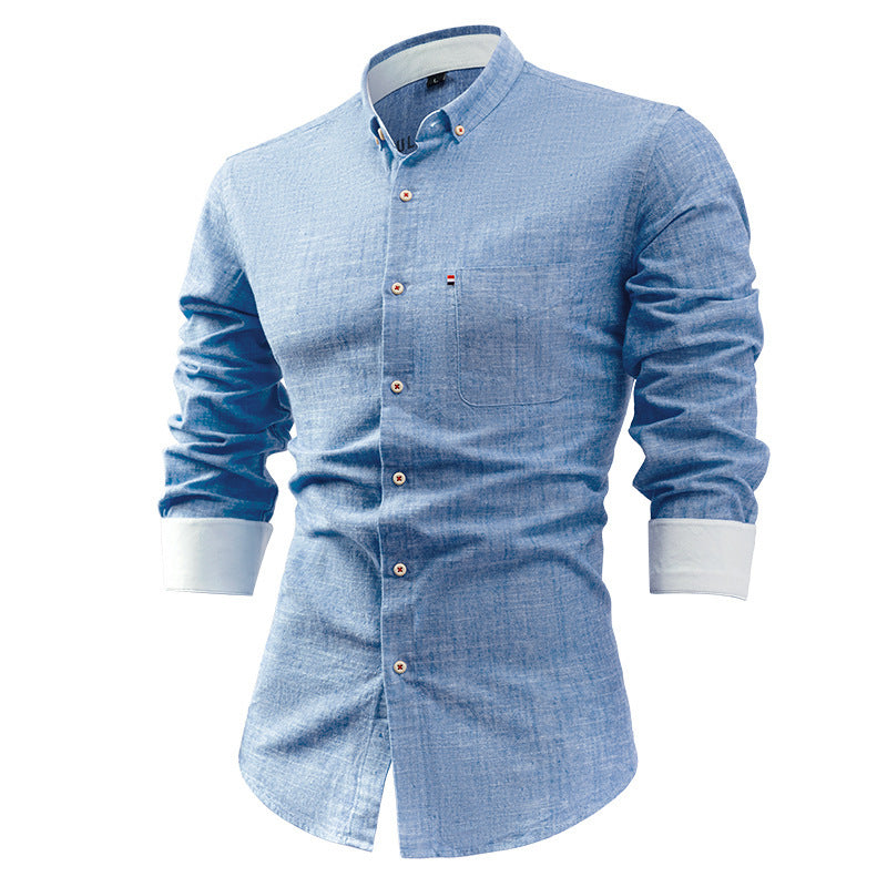 Foreign Trade Cotton And Linen Men's Shirt Solid Color Buckle