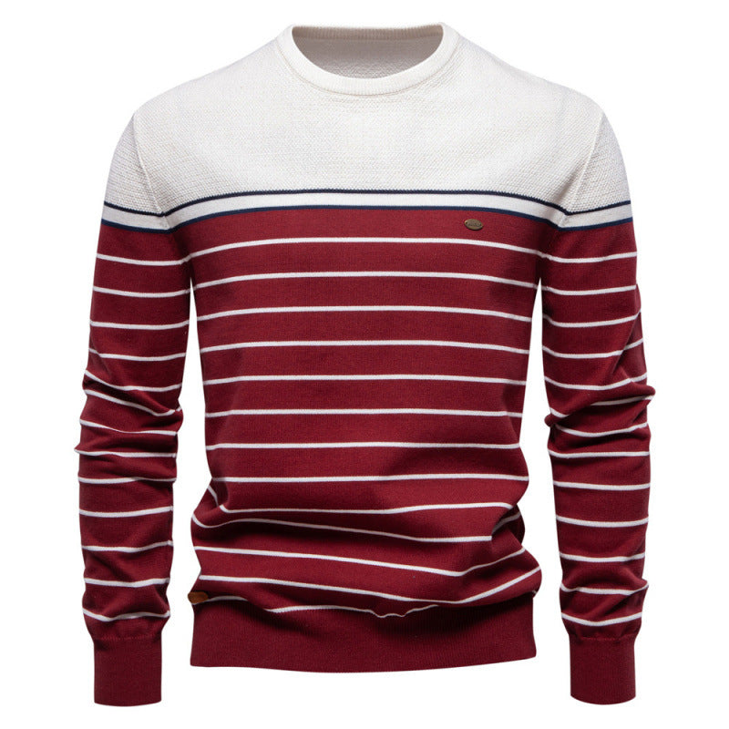 Striped Color Matching Long Sleeve Men's Knitwear Fashion Round Neck