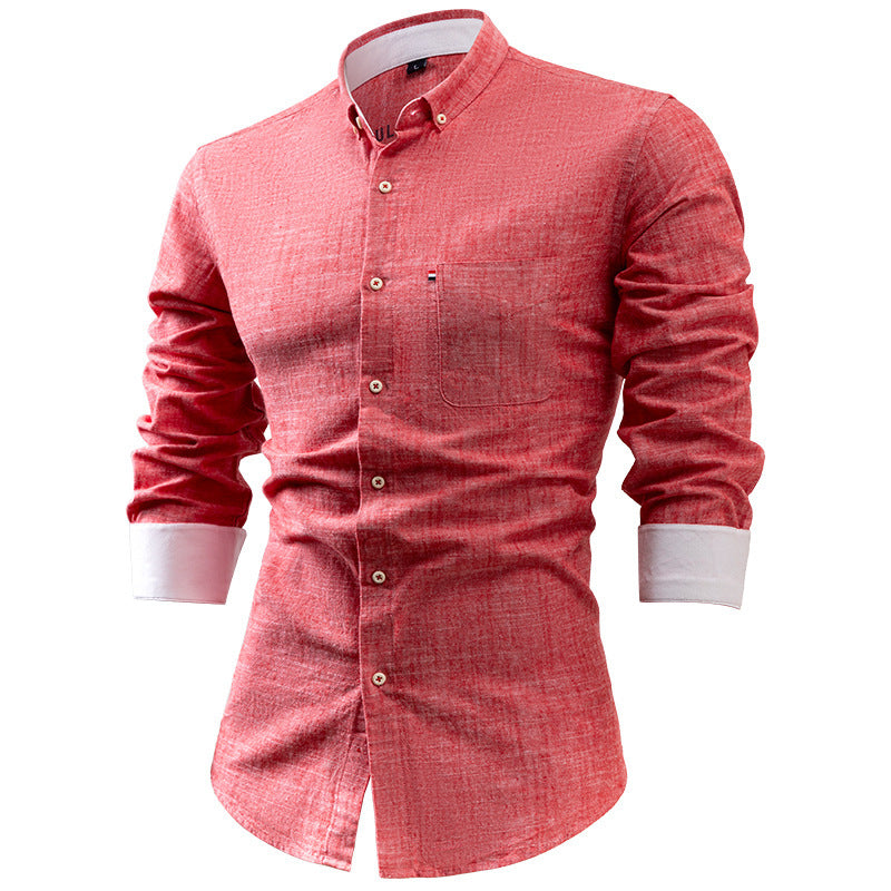 Foreign Trade Cotton And Linen Men's Shirt Solid Color Buckle