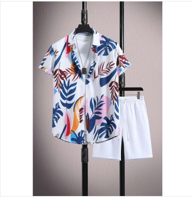 Men's Casual Ice Silk Micro-elastic Printed Short-sleeved Shirt Shorts Suit