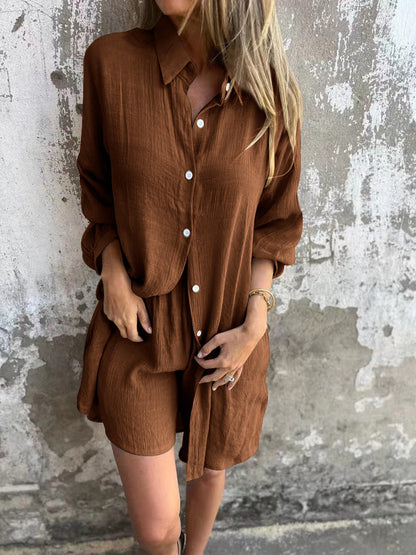 2pcs Loose Long-sleeved Shirt Suit With Lapel Button Tops And Elasticated Shorts Fashion Casual Clothing For Women