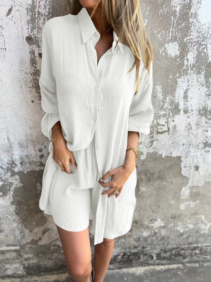 2pcs Loose Long-sleeved Shirt Suit With Lapel Button Tops And Elasticated Shorts Fashion Casual Clothing For Women